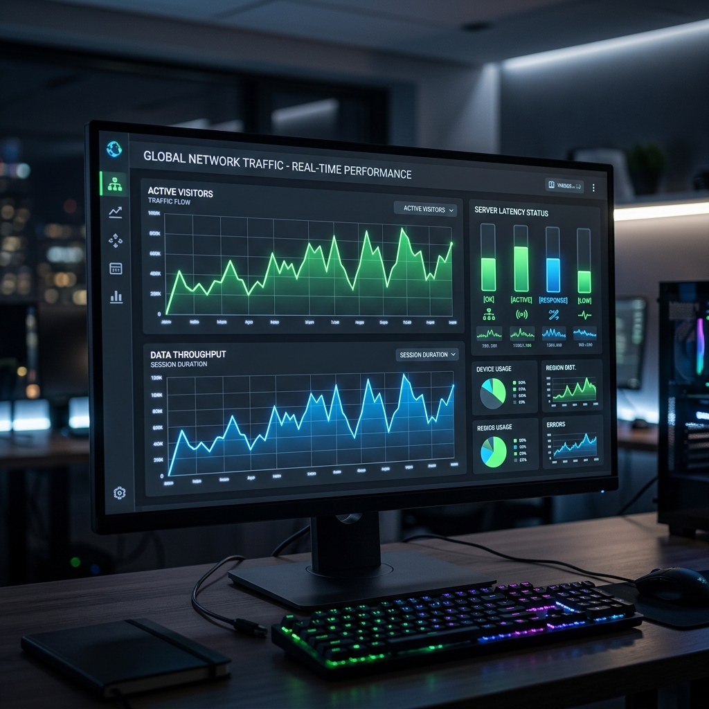 Tech-enabled data dashboard on monitor displaying vibrant analytic metric graphs and system parameters