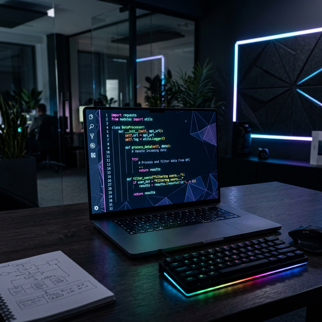 Glowing neon code editor screen depicting safe software development environment